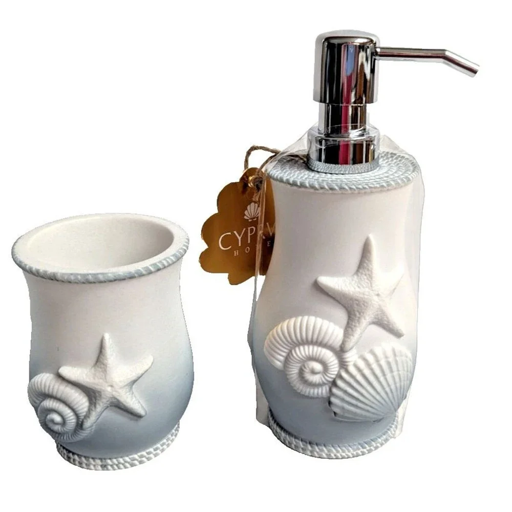 Cyprvs Seashell Soap Dispenser Tumbler Starfish Blue White Polyresin Bath Gift